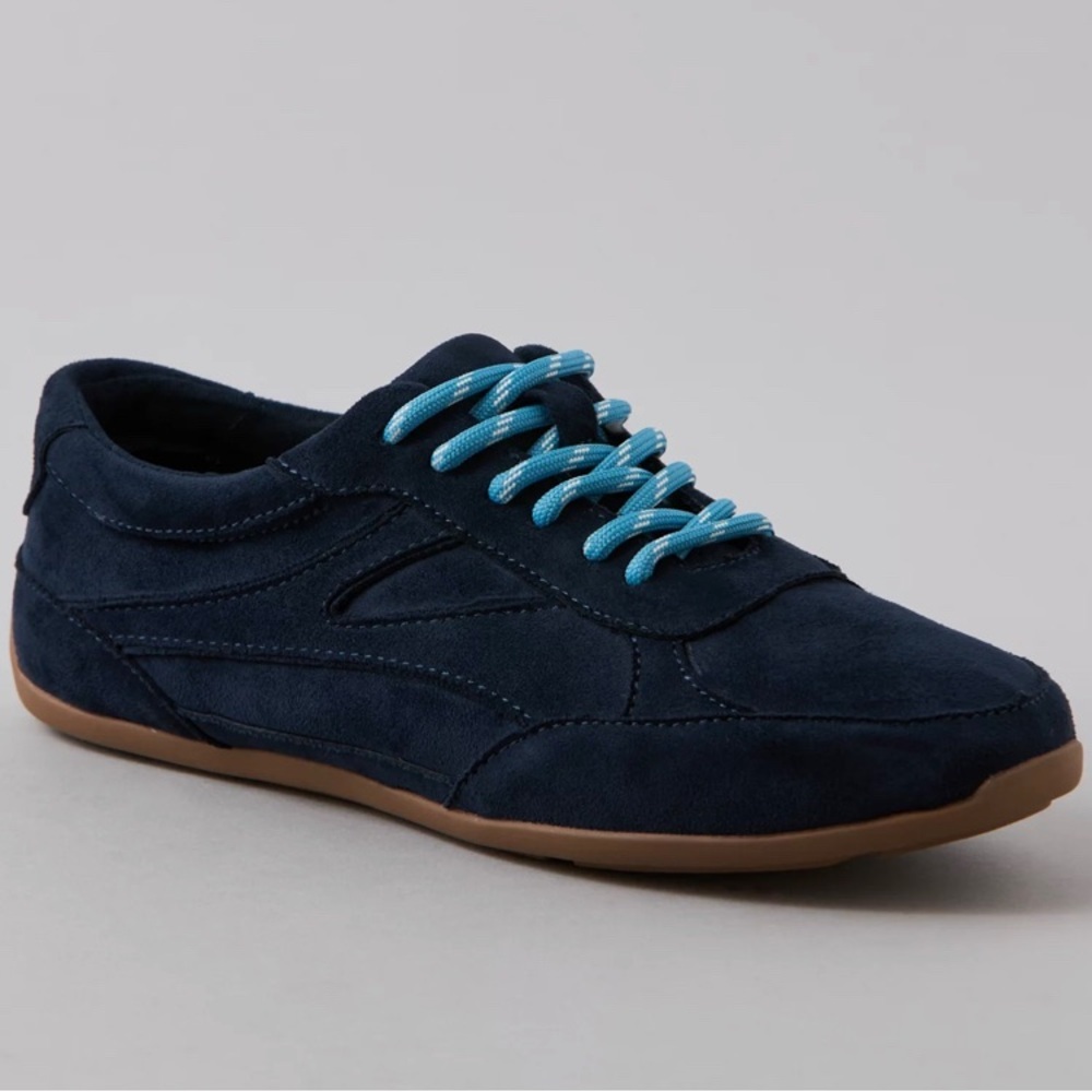 American Eagle Outfitters Navy Suede Sneaker with Aqua Laces 9